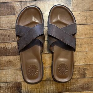 UGG Men's Dark Brown Leather Cross Strap Sandals